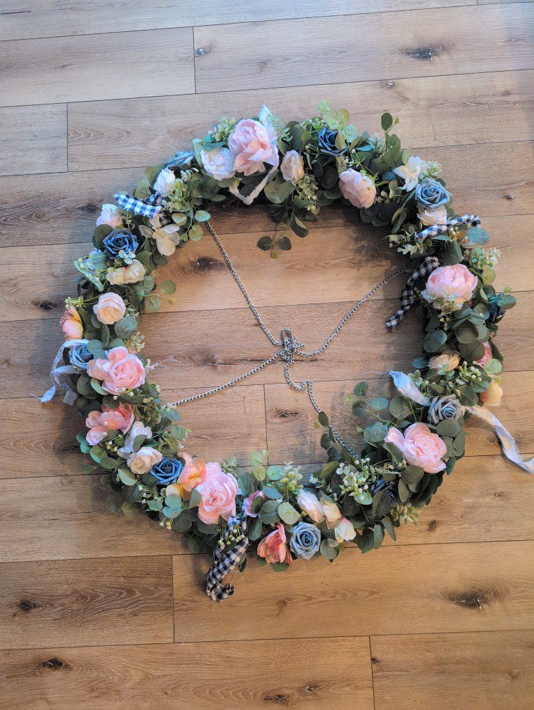 Hanging Floral Wreath Chandelier with Pink and Blue Roses and Chain to hang from a ceiling. 
