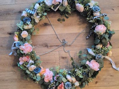 Hanging Floral Wreath Chandelier with Pink and Blue Roses and Chain to hang from a ceiling.