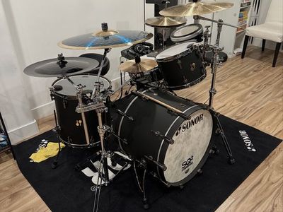 Sonor SQ2 Drums in matte black w/gold badges with much more