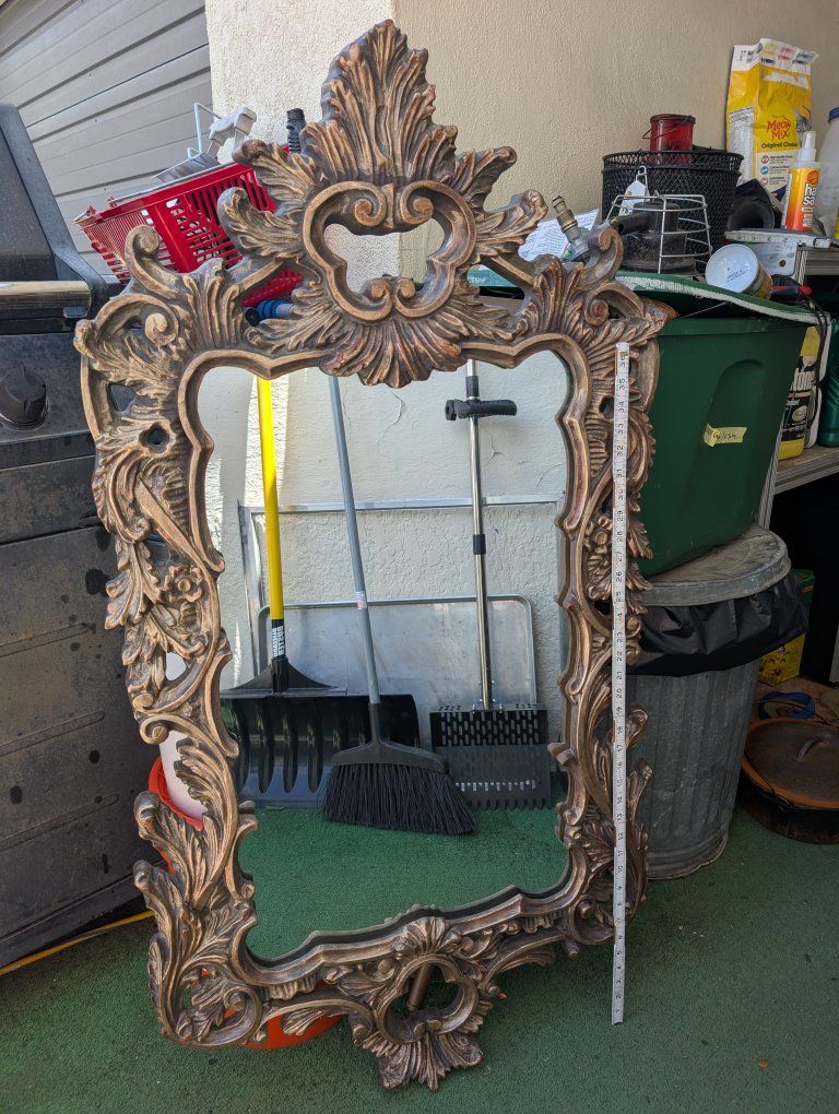 Vintage Ornate Gold Carved Scroll Wall Mirror - 48" x 26"