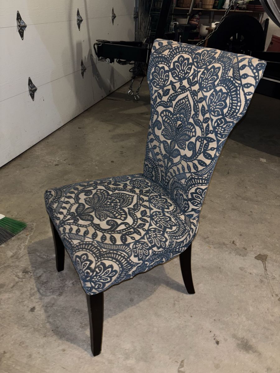 Patterned Blue and Cream Upholstered Dining Chair - Elegant Floral Design