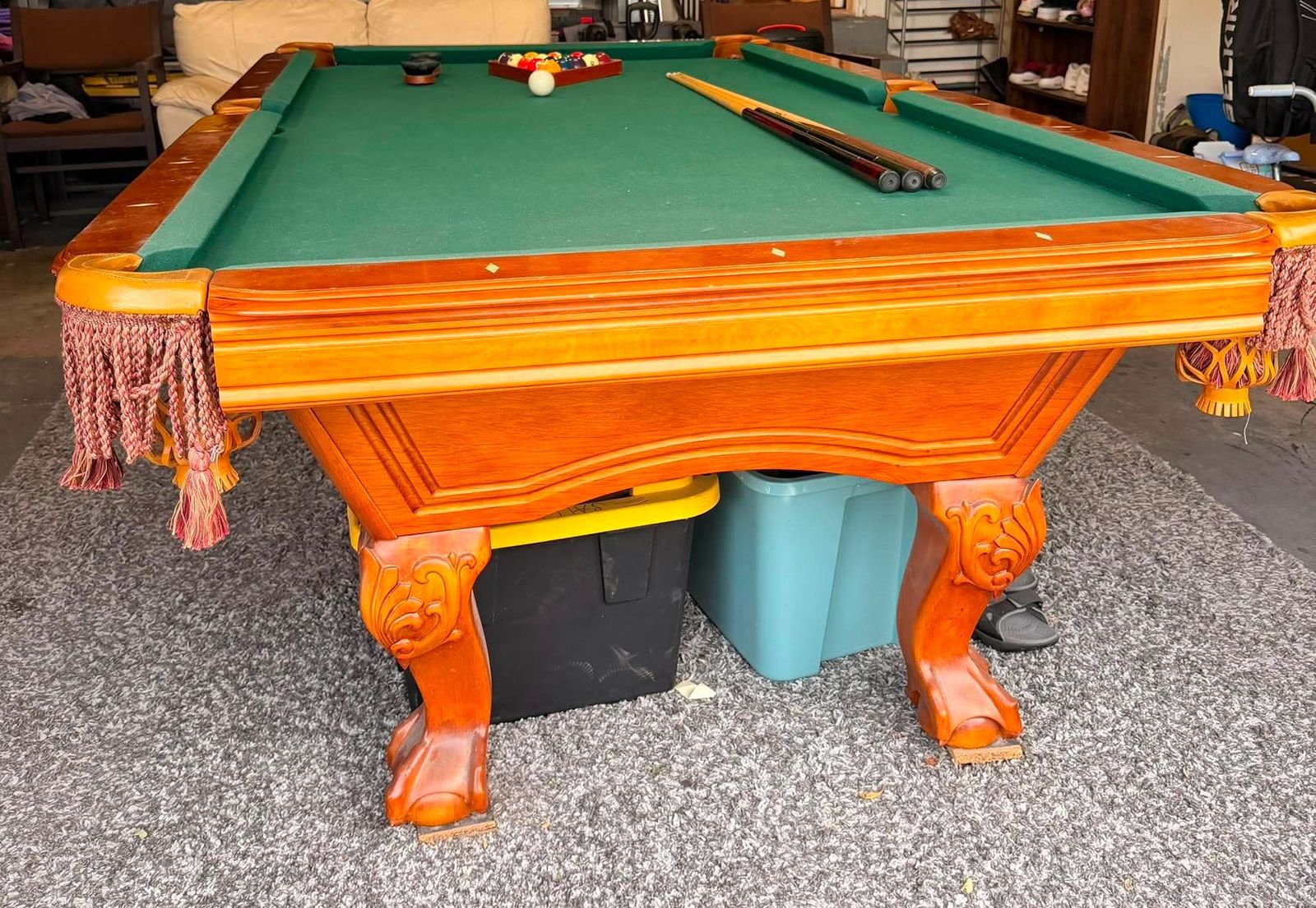 Wooden Pool Table with Green Felt, Ball Set, Cues, and Brush