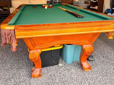 Wooden Pool Table with Green Felt, Ball Set, Cues, and Brush