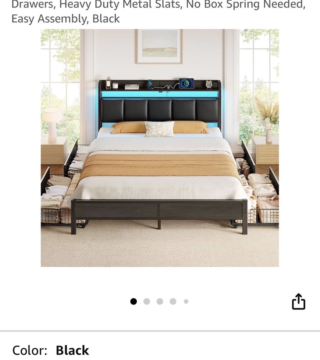 Black Bed Frame with LED Headboard, Storage Drawers, and Heavy Duty Metal Slats Full