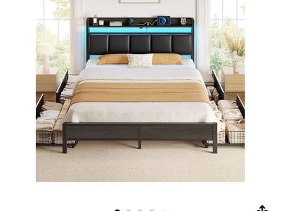 Black Bed Frame with LED Headboard, Storage Drawers, and Heavy Duty Metal Slats Full
