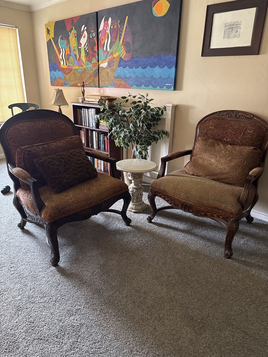 Vintage Carved Wood Armchairs - Pair of Upholstered Accent Chairs with Matching Pillows