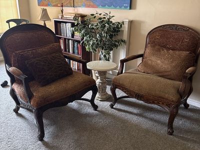 Vintage Carved Wood Armchairs - Pair of Upholstered Accent Chairs with Matching Pillows
