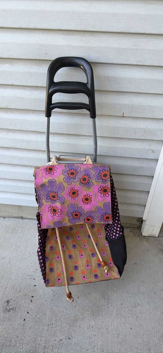 Vintage Floral Canvas Rolling Shopping Bag Dolly Cart, Retro Print Collapsible Frame