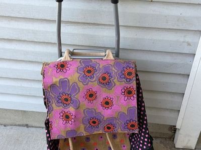 Vintage Floral Canvas Rolling Shopping Bag Dolly Cart, Retro Print Collapsible Frame