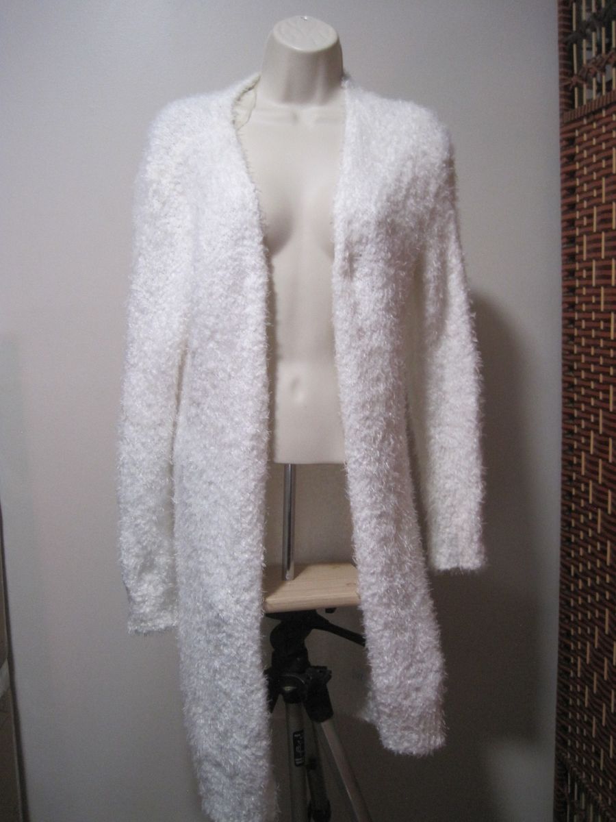 It's Our Time Women's Large White Furry Knit Polyester Open Front Long Sweater