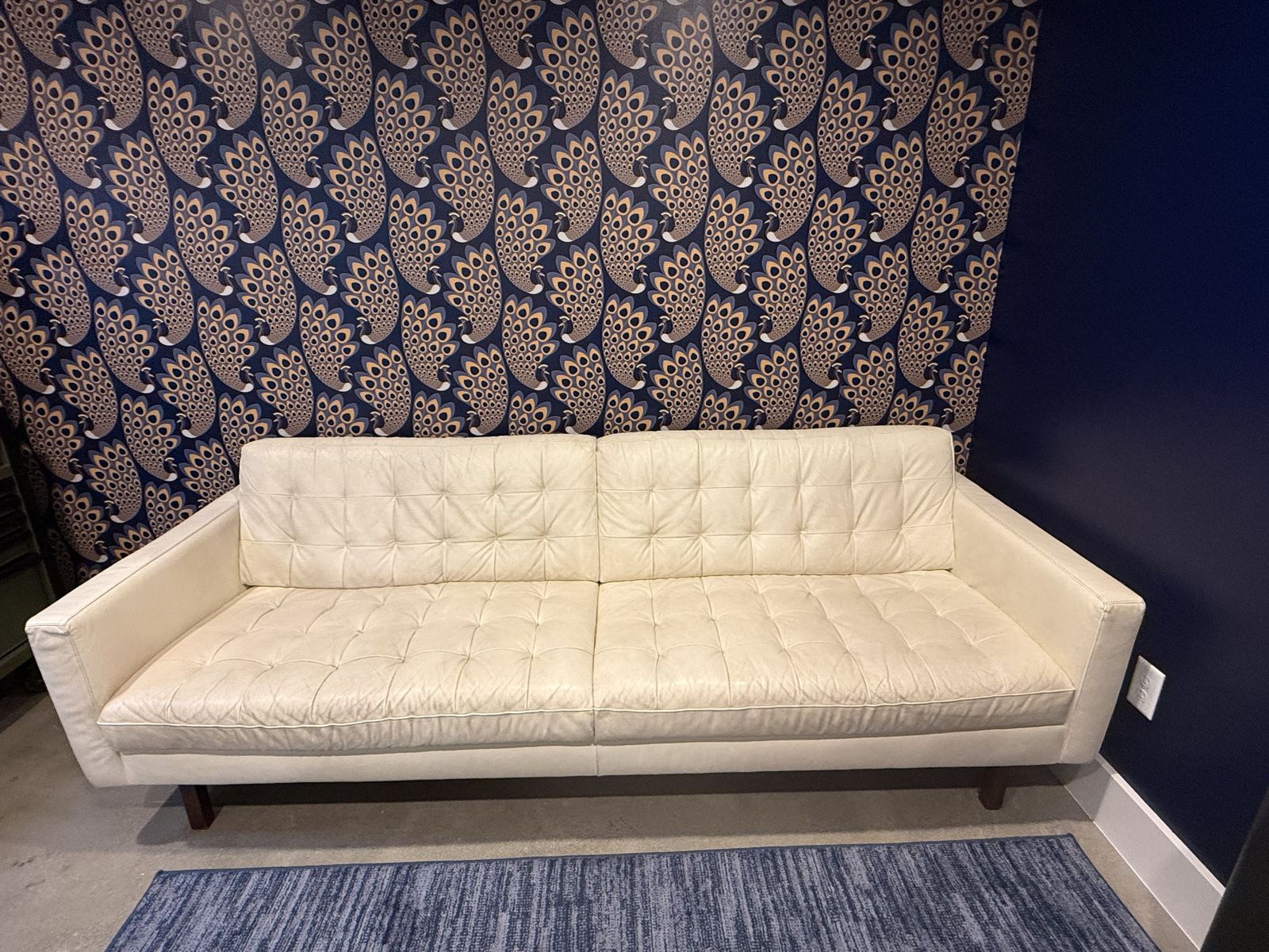 America Leather Parker Sofa — Cream/Ivory Leather, Tufted, Walnut Legs