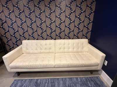 America Leather Parker Sofa — Cream/Ivory Leather, Tufted, Walnut Legs