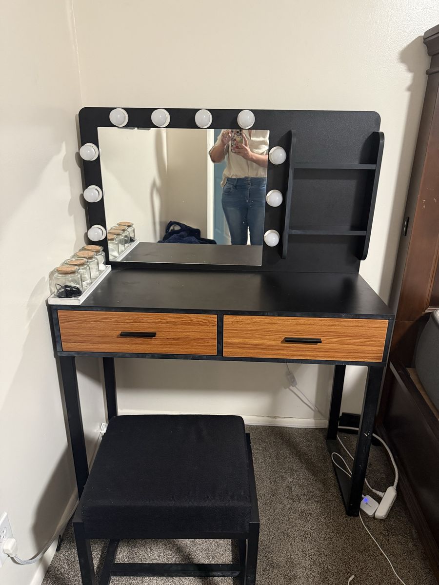 Vanity Table with Lighted Mirror & Storage Drawers, Black/Wood Finish, Makeup Desk with Stool