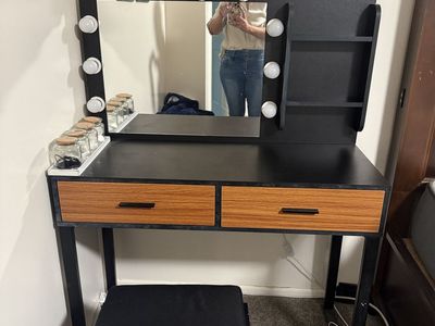 Vanity Table with Lighted Mirror & Storage Drawers, Black/Wood Finish, Makeup Desk with Stool