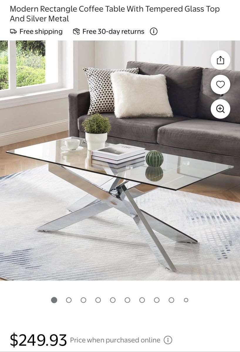 Modern Rectangle Coffee Table with Tempered Glass Top and Silver Metal Base