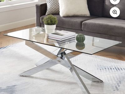 Modern Rectangle Coffee Table with Tempered Glass Top and Silver Metal Base