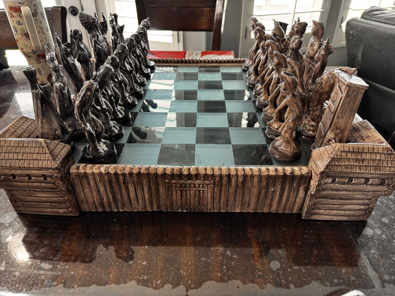 Unique Hand-Painted Chess Set with Western / Native American Theme - Complete Board & Pieces