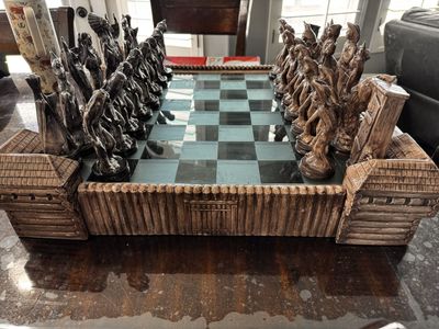 Unique Hand-Painted Chess Set with Western / Native American Theme - Complete Board & Pieces
