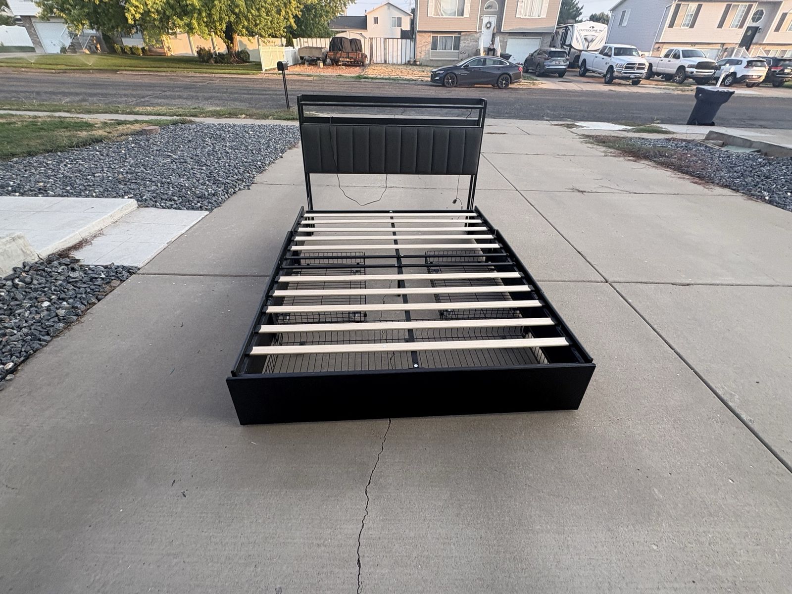 Queen Modern Black Metal Platform Bed Frame with Upholstered Headboard & Storage Drawers