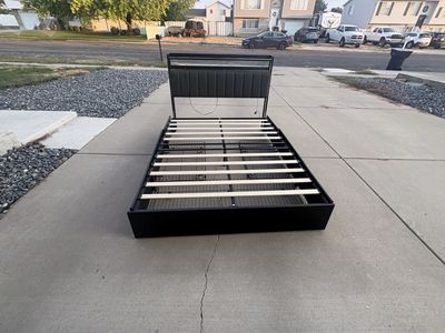Queen Modern Black Metal Platform Bed Frame with Upholstered Headboard & Storage Drawers