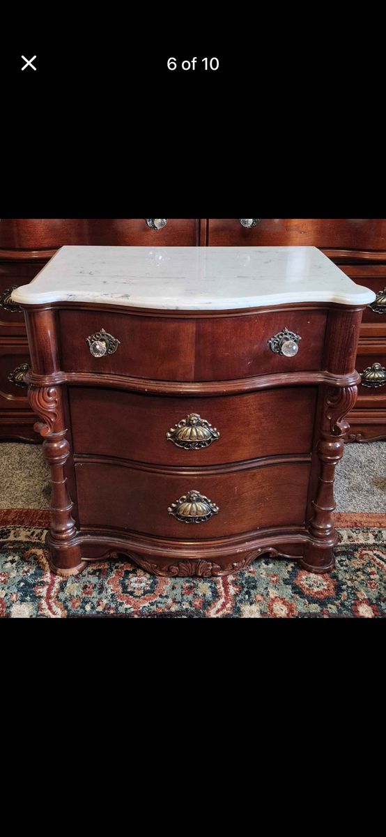 2 matching pair of Vintage Marble Top Nightstand / End Table - Ornate Wood Carvings, 3 Drawers