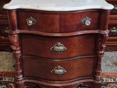 2 matching pair of Vintage Marble Top Nightstand / End Table - Ornate Wood Carvings, 3 Drawers