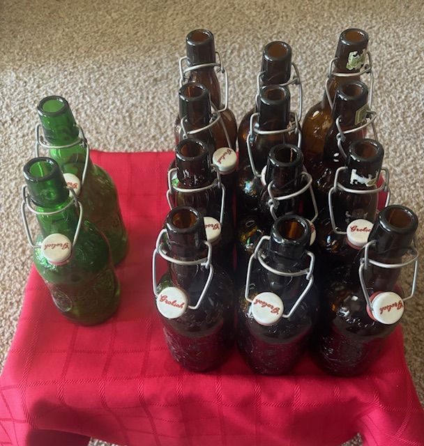 Grolsch Beer Bottles 16oz (12 Brown and 2 Green Glass) Porcelain Flip Top