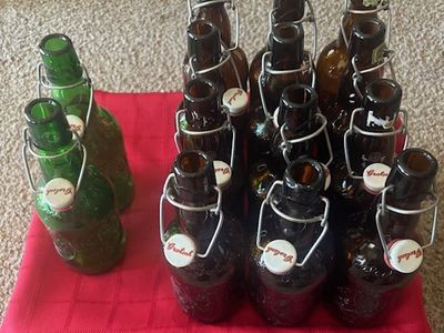 Grolsch Beer Bottles 16oz (12 Brown and 2 Green Glass) Porcelain Flip Top