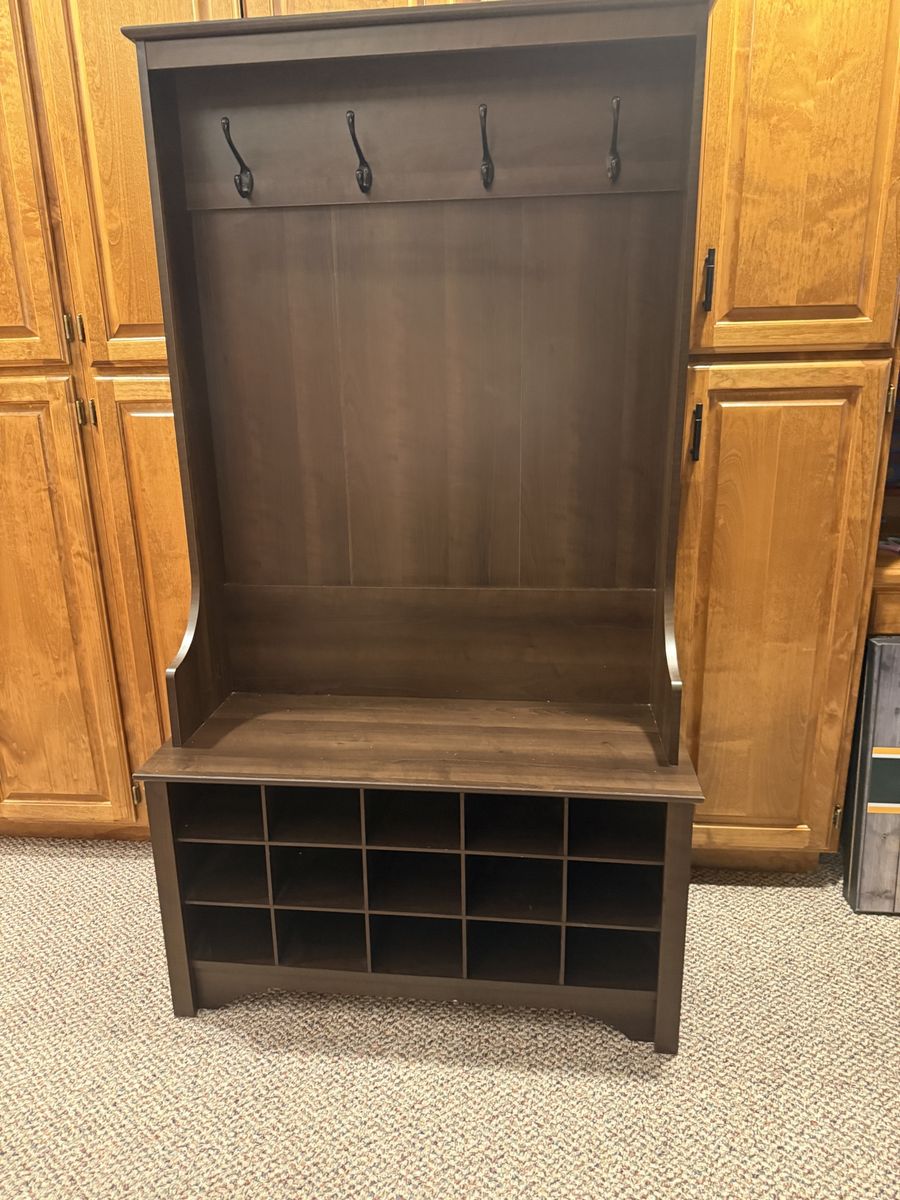 Wood Hall Tree Entryway Bench with Coat Hooks & Shoe Storage – 70” Tall