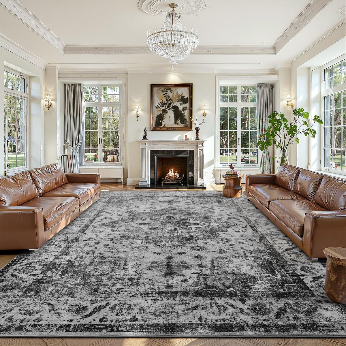 NEW 9x12 Boho Washable Rug, Black Vintage Non Slip Area Rug, Distressed