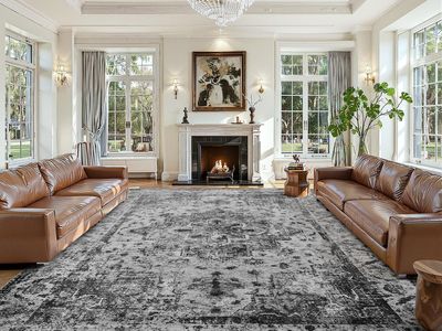 NEW 9x12 Boho Washable Rug, Black Vintage Non Slip Area Rug, Distressed