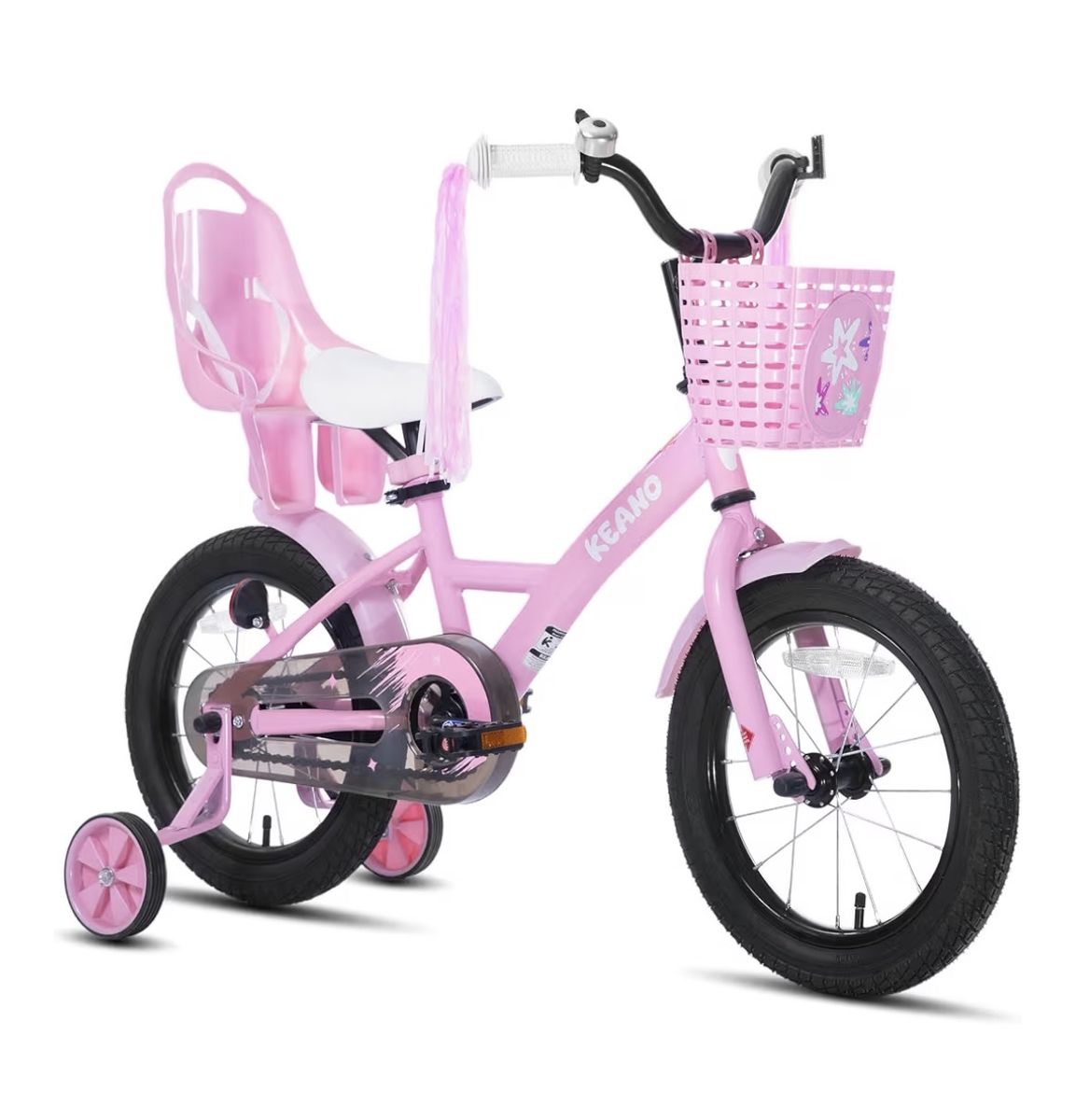 Keano 16”Kids Bike Pink w/ Training Wheels, Basket & Doll Seat - Adjustable, Steel Frame