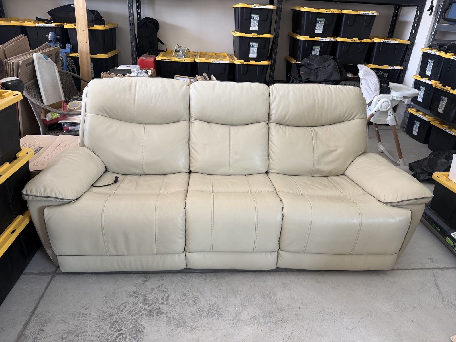Cream Leather Power Reclining Sofa:  3-Seater Couch