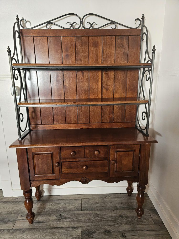 Solid Wood & Wrought Iron Farmhouse Hutch Cabinet | Rustic Buffet Sideboard Coffee Bar