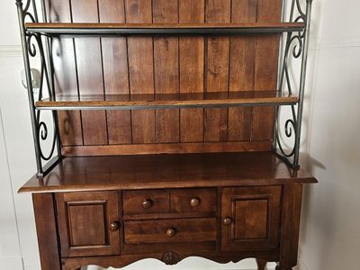 Solid Wood & Wrought Iron Farmhouse Hutch Cabinet | Rustic Buffet Sideboard Coffee Bar