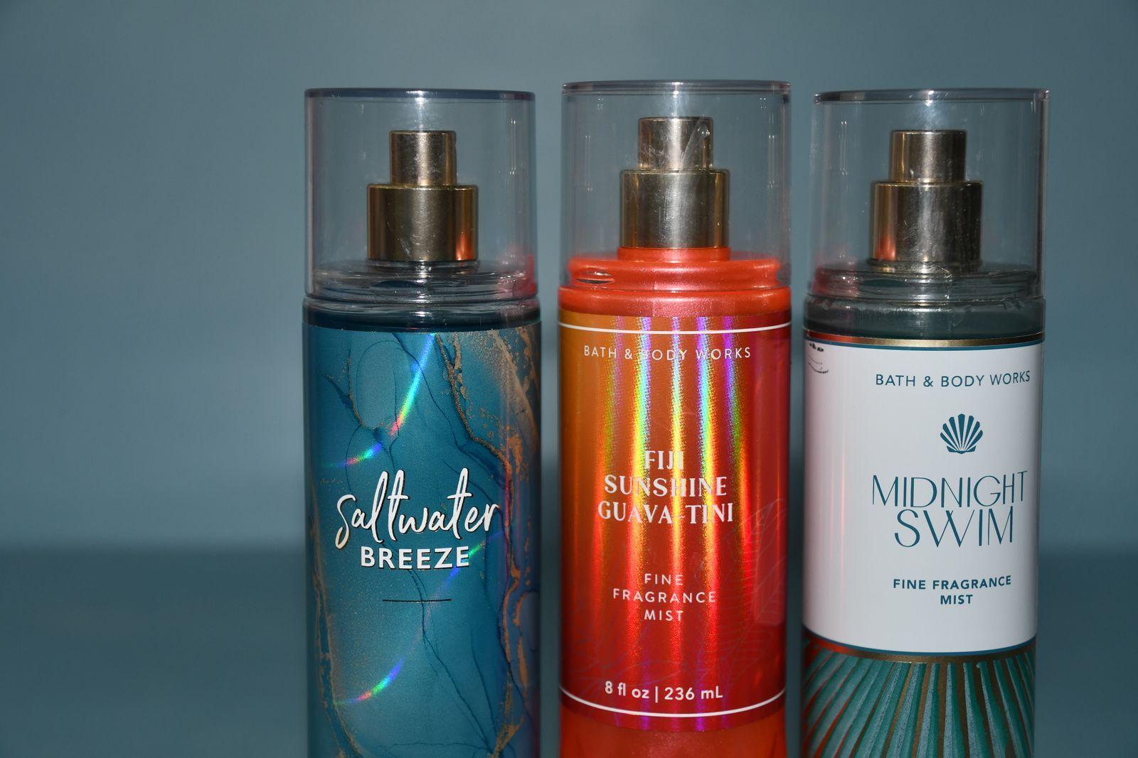 3 NEW BATH & BODY WORKS FRAGRANCE SPRAYS ~ 8 oz ~ SALT WATER BREEZE, FIJI SUNSHINE & MIDNIGHT SWIM