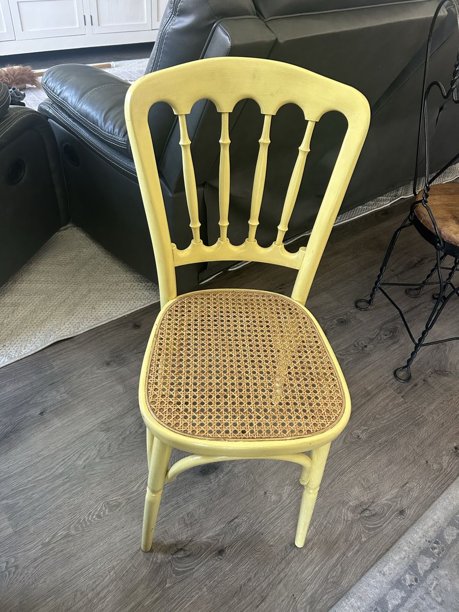 Vintage Yellow Wooden Dining Chair with Woven Cane Seat