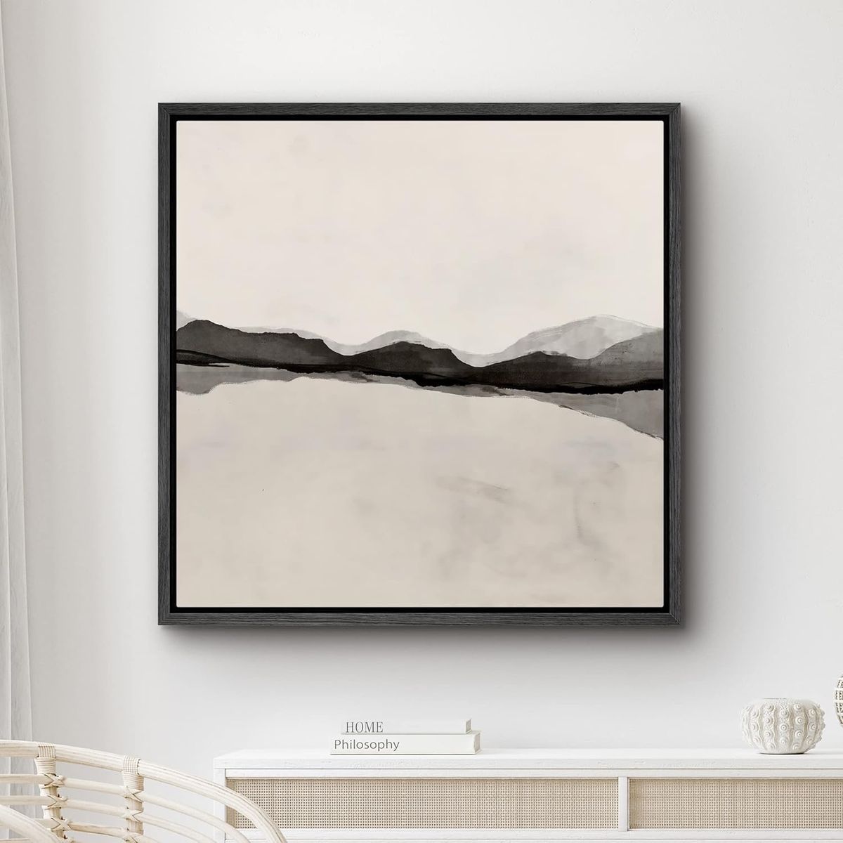 Framed Canvas Wall Art - 24 x 24 - Black Tan Wave Abstract - Excellent Condition