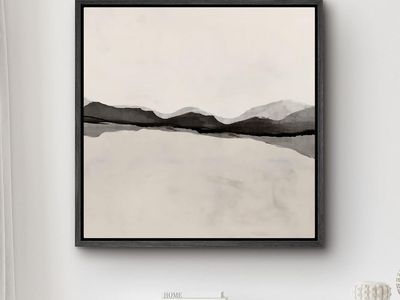 Framed Canvas Wall Art - 24 x 24 - Black Tan Wave Abstract - Excellent Condition