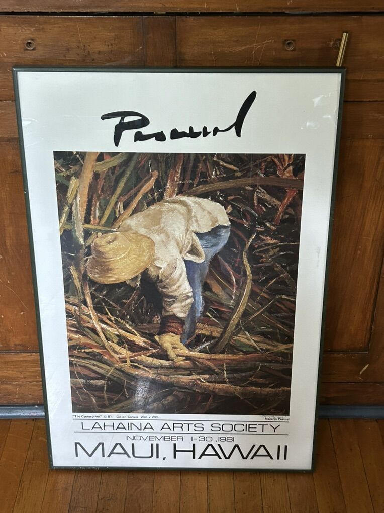 1981 Lahaina Arts Society Maui Hawaii Macario Pascual Signed Poster the Caneworker Framed