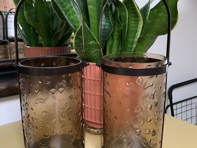 2 Embossed Glass Lantern Candle Holders W/Handles