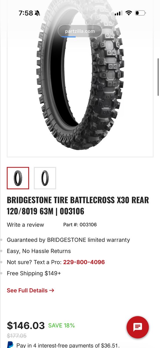 Bridgestone Battlecross X30 Rear Tire 120/80-19