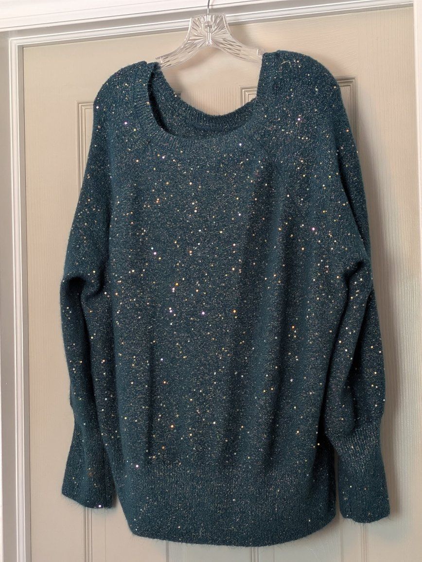 Teal Sparkle Sequin Long Sleeve Sweater Size XL