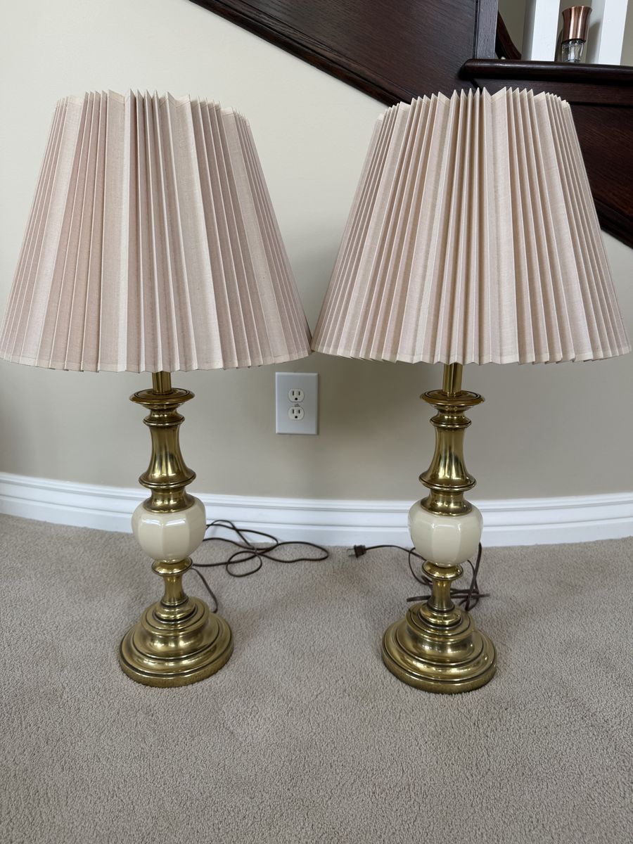 Vintage Stiffel Brass & Porcelain Table Lamps (Pair) with Original Shades - 33" Tall