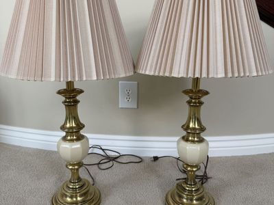 Vintage Stiffel Brass & Porcelain Table Lamps (Pair) with Original Shades - 33" Tall