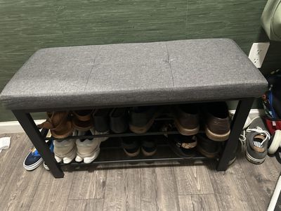 Grey Fabric Upholstered Entryway Storage Bench with Shoe Rack - Modern Design