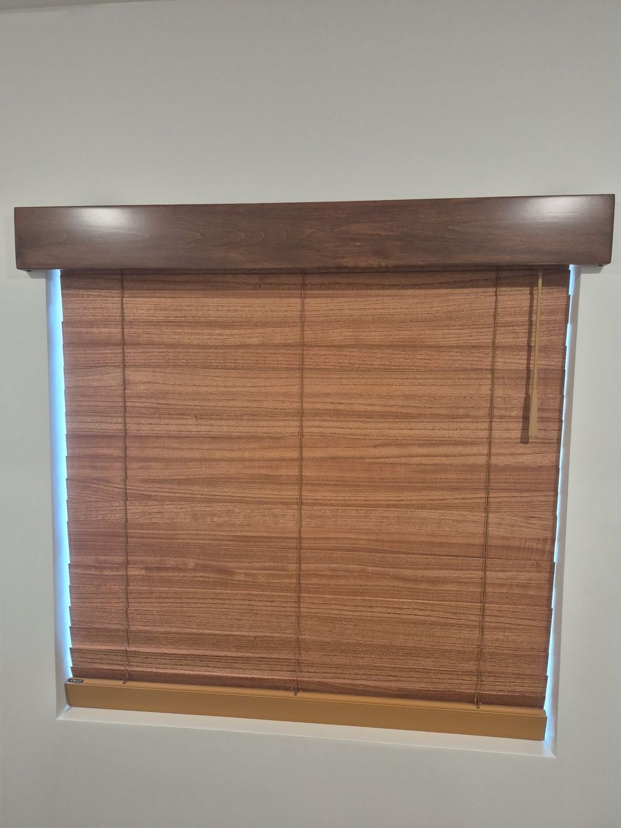 Norman Wood Look Window Blind - Corded, Brown Faux Wood, Custom Cut