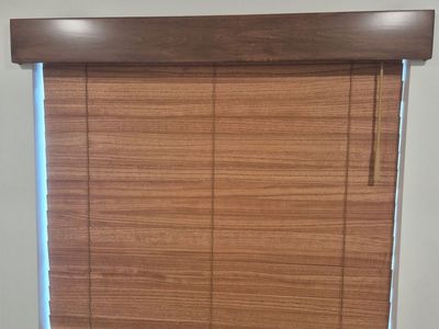 Norman Wood Look Window Blind - Corded, Brown Faux Wood, Custom Cut