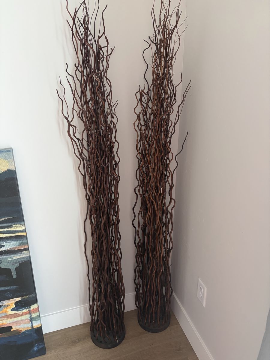 Pair of Tall Decorative Curly Willow Branch Floor Sculptures