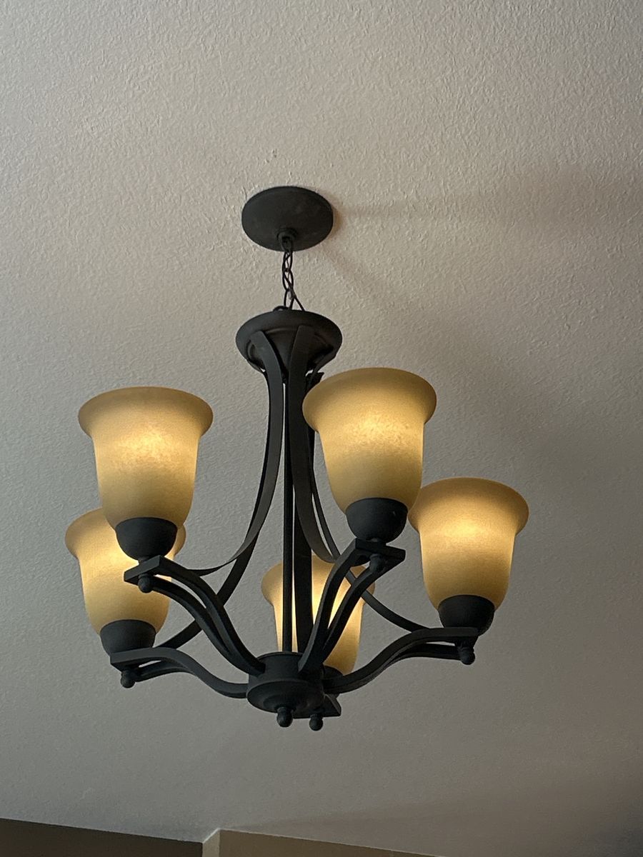 Rustic Bronze 5-Light Chandelier with Frosted Amber Glass Shades